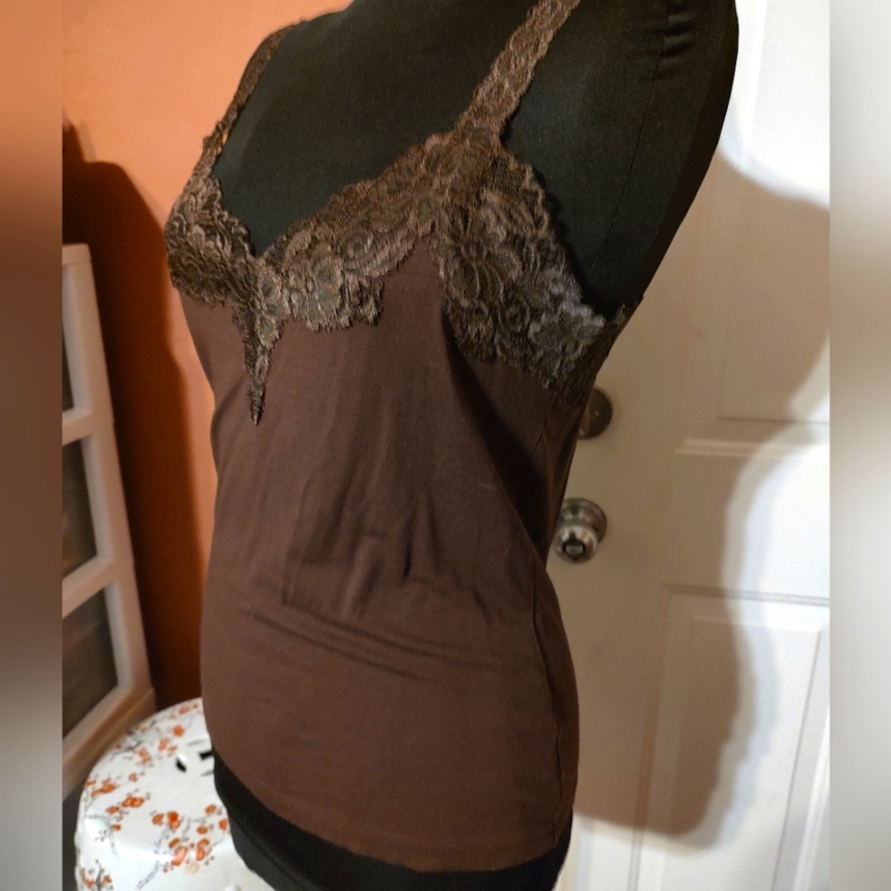 🔸🤎🔸Feminine Vintage Chocolate Brown Floral Lace Camisole Tank Top Blouse - M - Picture 5 of 16